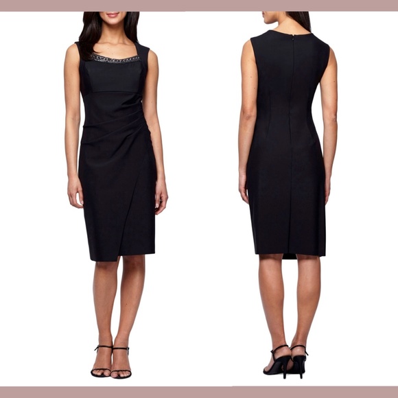 NEW Alex Evenings [ PLUS 16W ] Embellished Neck Ruched Sheath Dress Black‎ - Picture 3 of 12